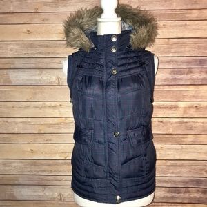 Plaid Faux Fur Hooded Puffy Vest